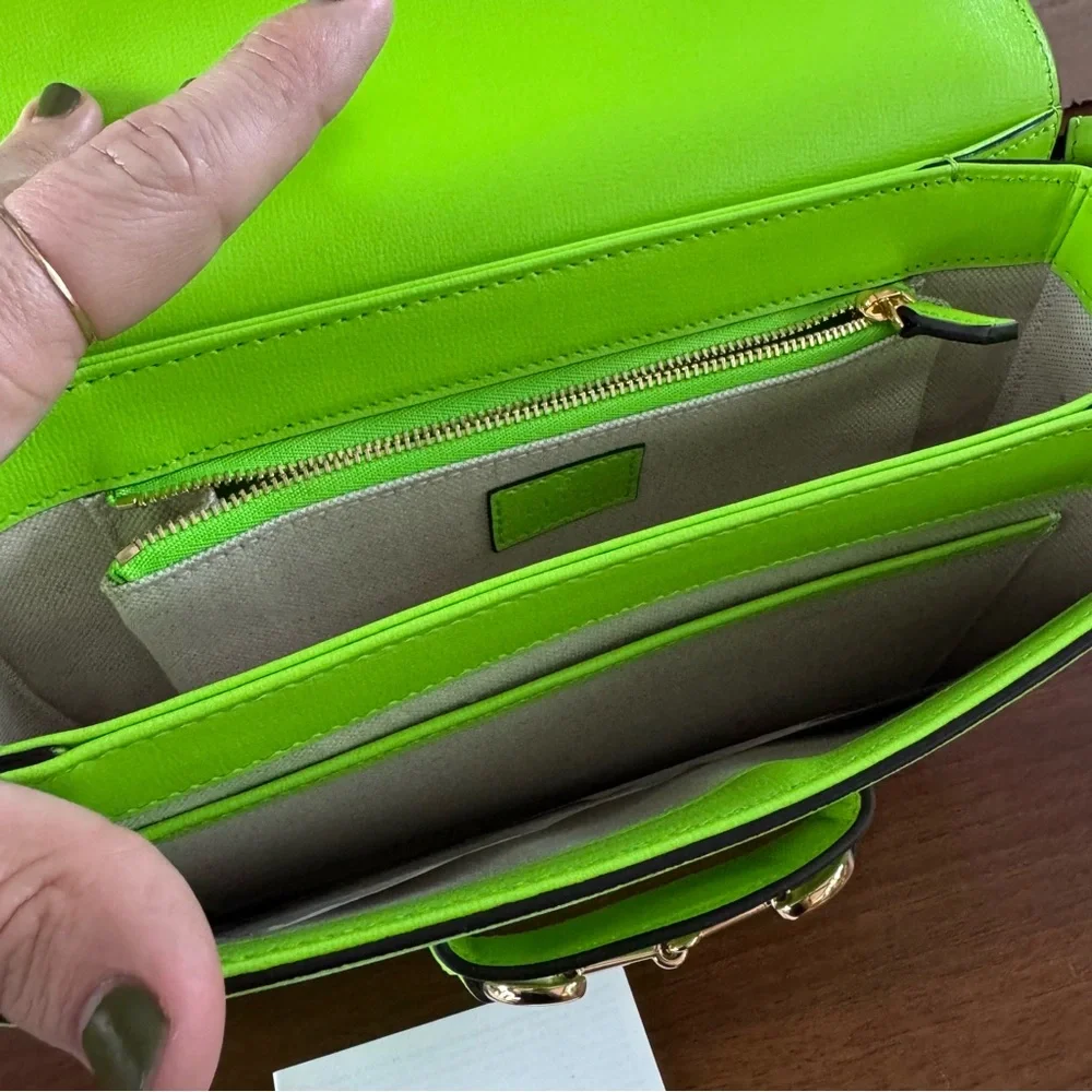 Gucci Horsebit 1955 Shoulder Bag Purse Neon Green Leather NWT Pristine Rare